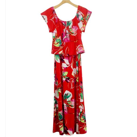 Susan Graver Liquid Knit Red Floral Maxi Dress Sz S Tank Style Overlay EUC Boho - Picture 2 of 10